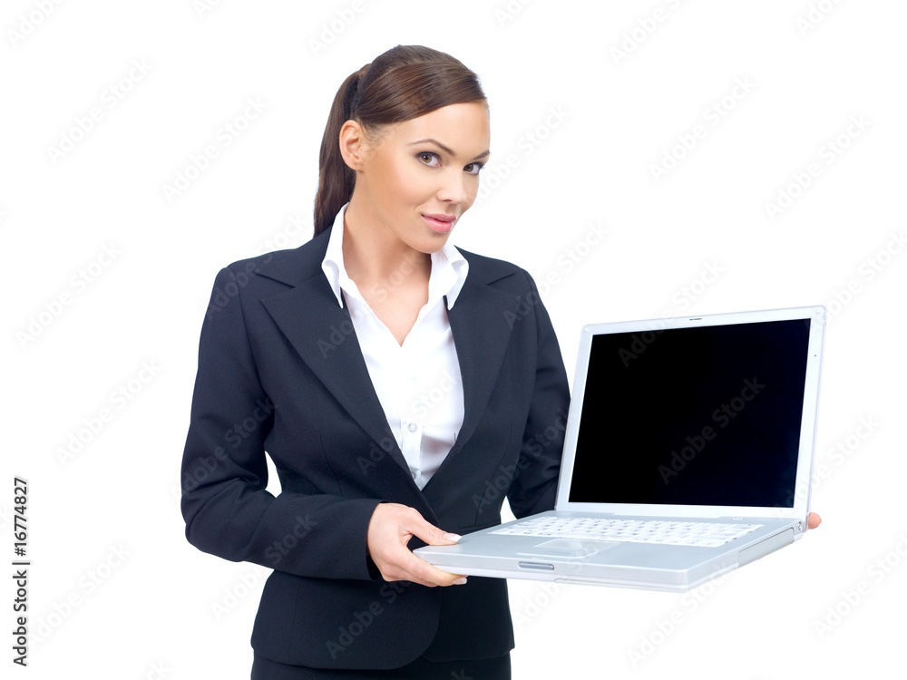 Portrait of beautiful and young business woman holding laptop Portrait of beautiful and young business woman holding laptop