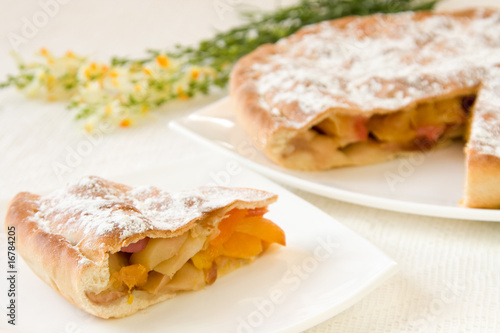 Slice of pie with apples and dried apricots