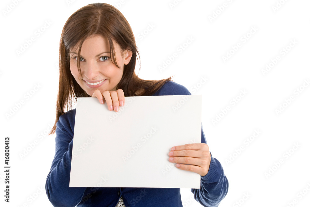Beautiful woman holding blank note card Beautiful woman holding blank note card