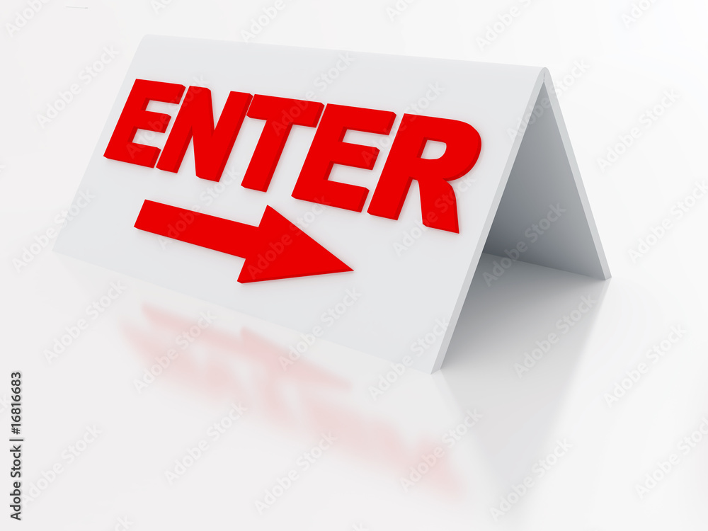 sign enter with arrow on a light plastic tablet