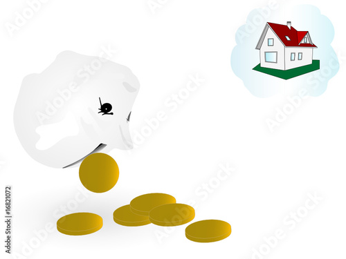 Piggy bank with coins and the house