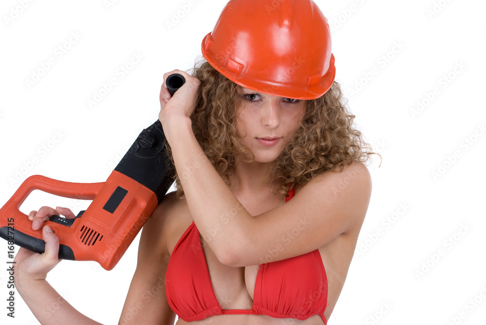 Closeup portriet of curly girl with perforator drill