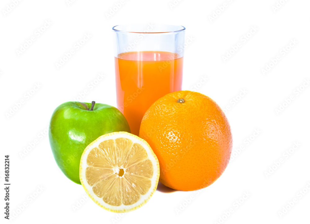 fruits and glass of fresh juice ion a white background fruits and glass of fresh juice ion a white background