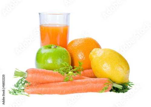 fruits and carrot with glass of fresh juice