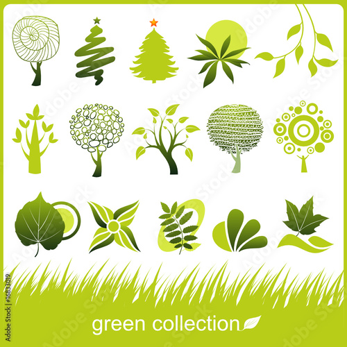 Set of design elements. Green collection. Tree and leaf.