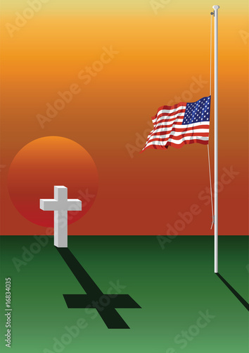 Fallen soldier grave and USA flag at half mast