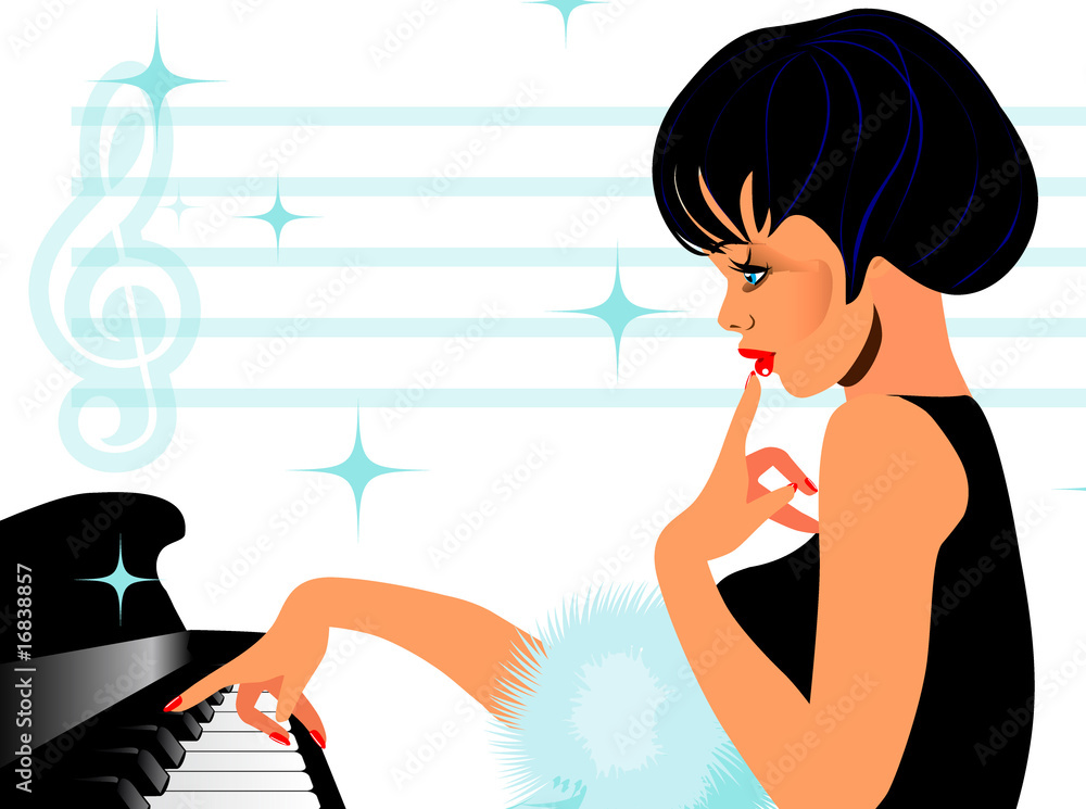 girl playing on piano with boa, in black dress Music theme girl playing on piano with boa, in black dress Music theme