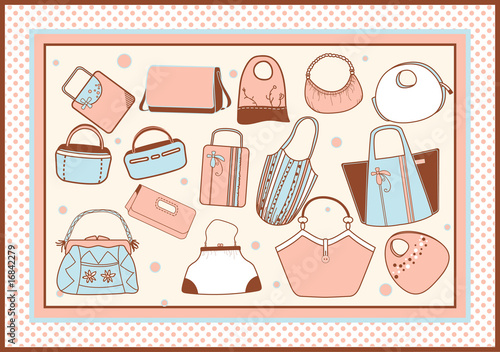 lot of various female purses framed vector illustration
