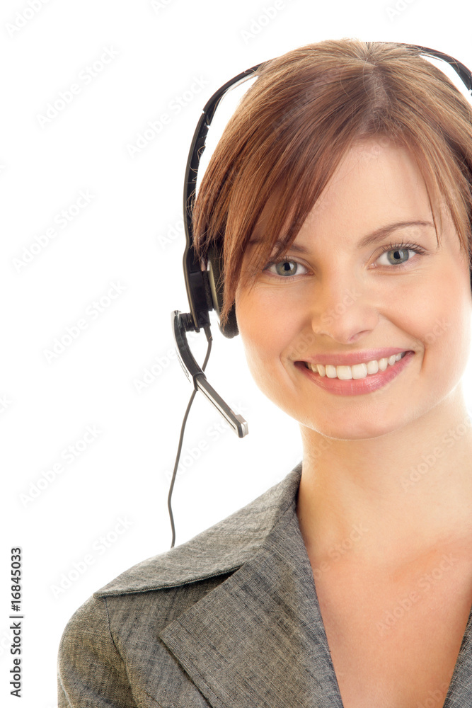 Friendly secretary/telephone operator wearing headset Friendly secretary/telephone operator wearing headset