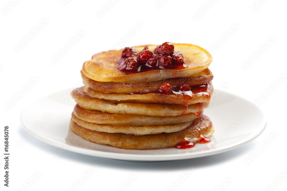 sweet pancakes with strawberry jam isolated sweet pancakes with strawberry jam isolated