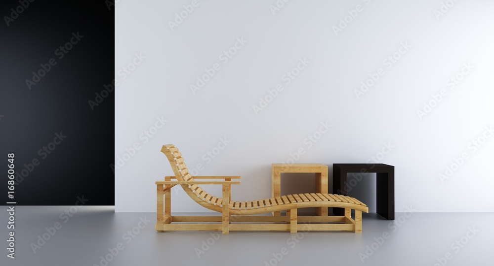 sunlounger and racks to face a blank white wall - obrazy, fototapety, plakaty 