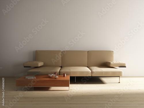 Leather Couch with table to face a blank white wall © Hofpils