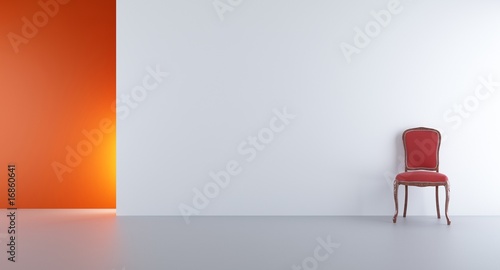 Red baroque chair to face a blank white wall