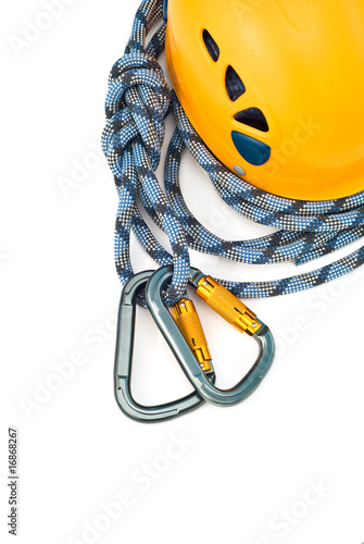 climbing equipment - caraners, helmet and rope
