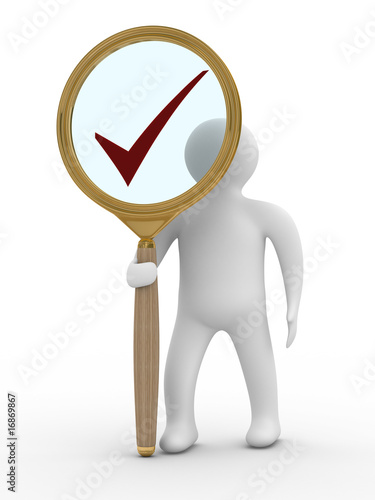 Man with magnifier on white...