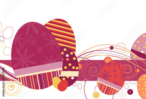 Easter Eggs in vivid colors and abstract design on a white bkgd