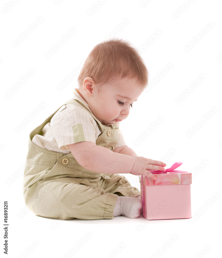 Baby boy open small pink gift box Baby boy open small pink gift box