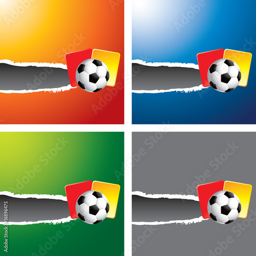 Soccer ball and penalty cards on multicolored rip banners