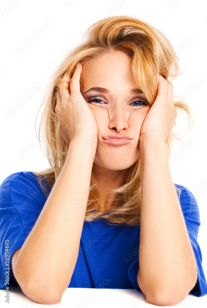 stressed sulking woman white background