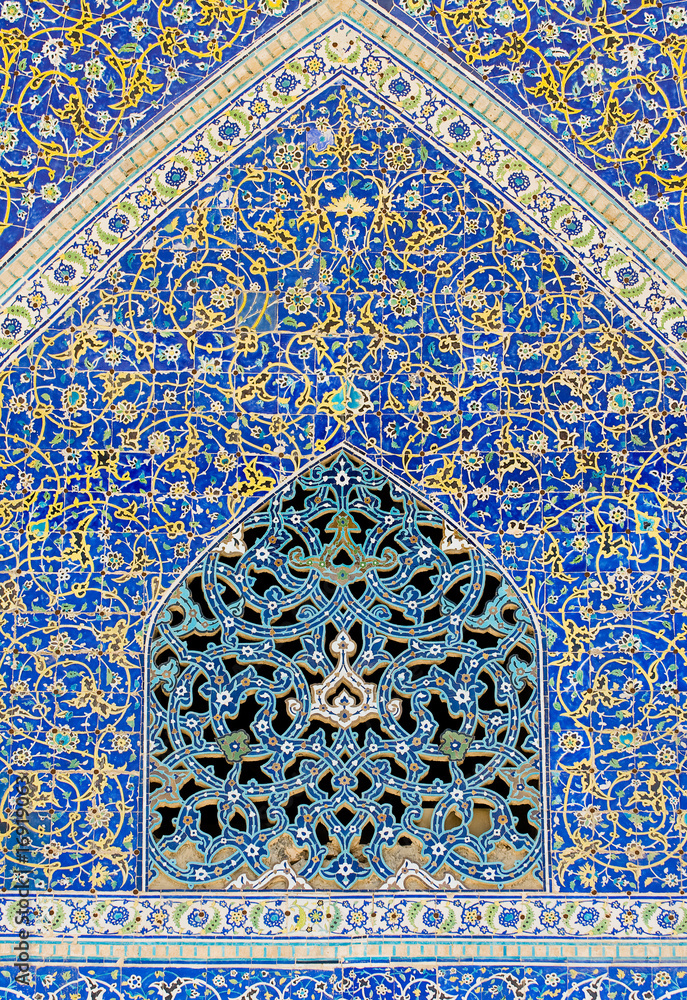 tiled background, oriental ornaments from Isfahan Mosque, Iran