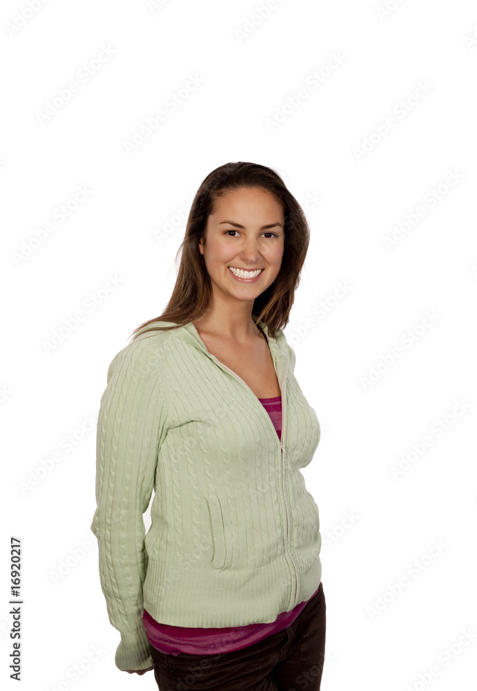 Woman smiling over white background Woman smiling over white background