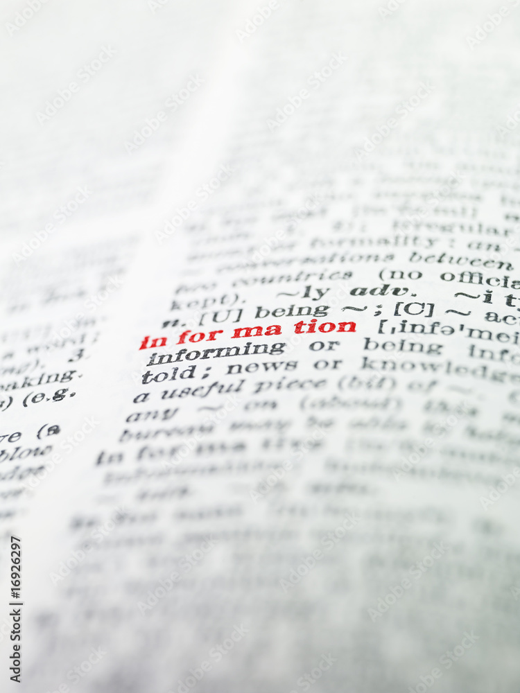The word 'information' highlighted in a dictionary The word 'information' highlighted in a dictionary