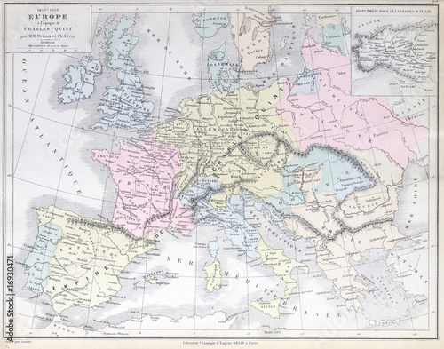 Old map of Europe between 1453 -1558. Published in 1883