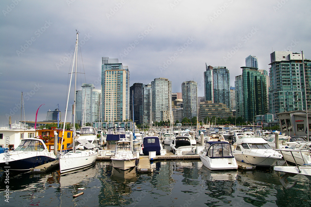 marina boats and city skyline in Vancouver, Canada