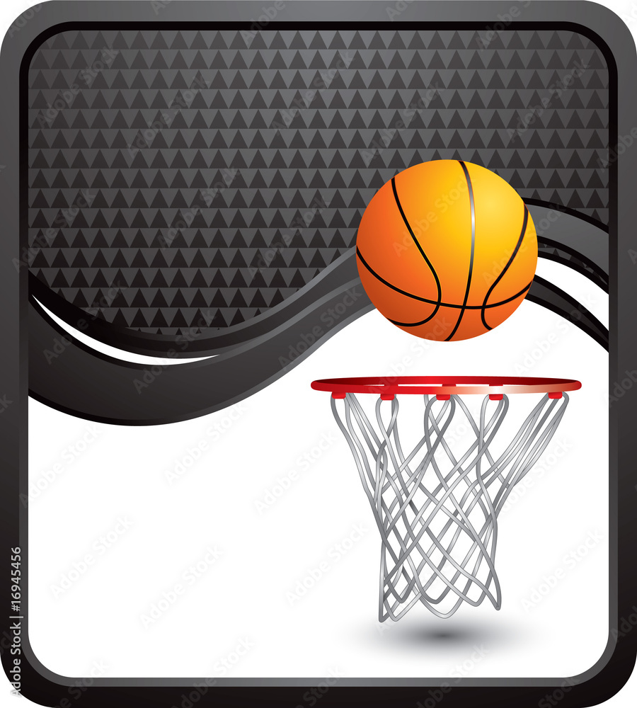 Basketball and hoop on black checkered wave background
