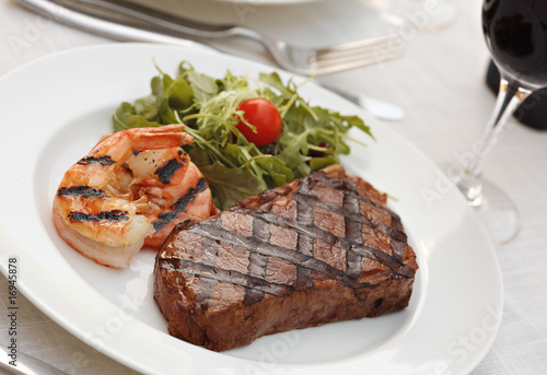 Grilled sirloin steak and shrimps