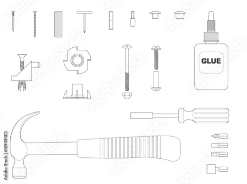 Black and white line illustration of furniture assembly kit