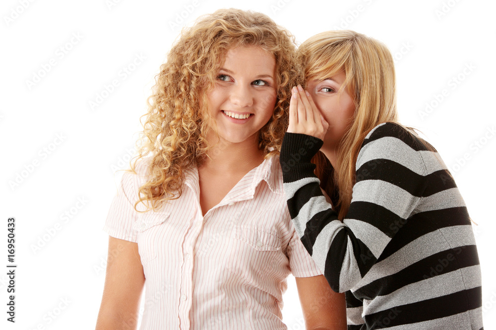 Two happy young girlfriends talking Two happy young girlfriends talking