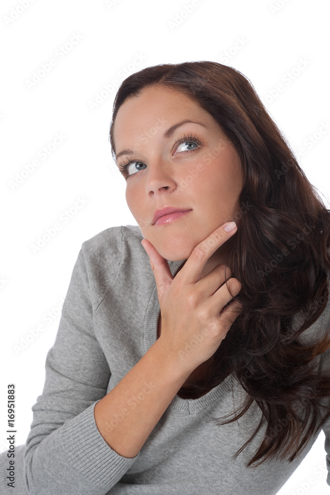 Beautiful brown hair woman watching up thinking Beautiful brown hair woman watching up thinking