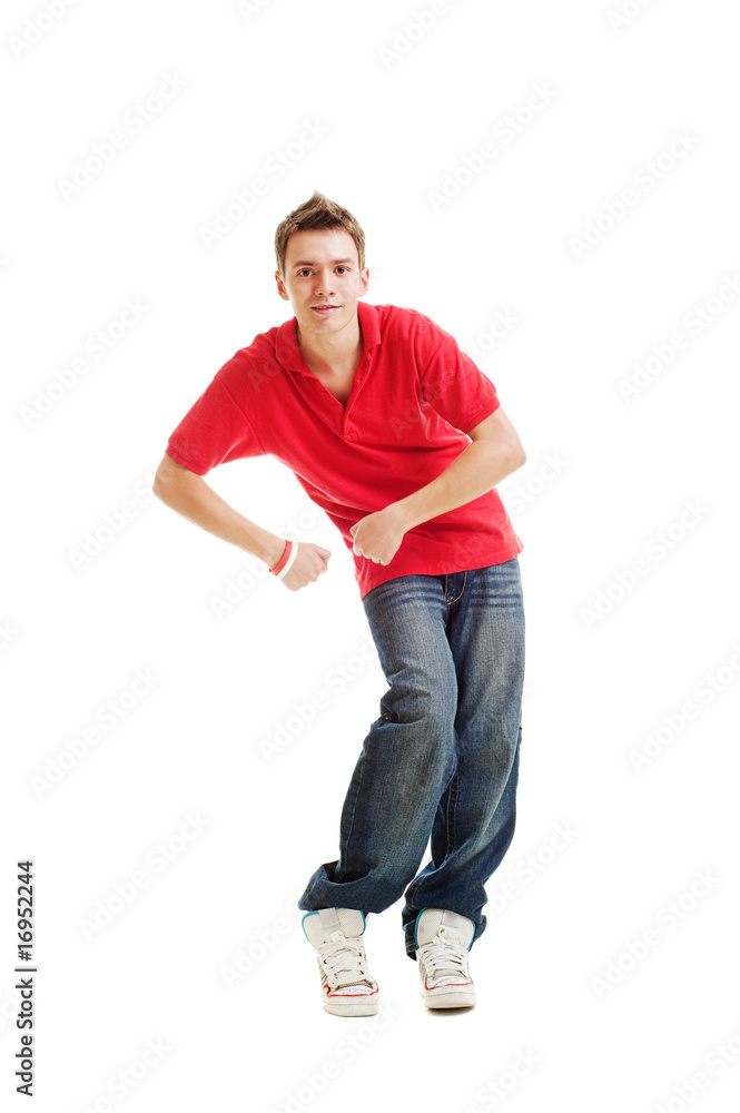 Naklejka premium dancing hip-hop guy in red t-shirt