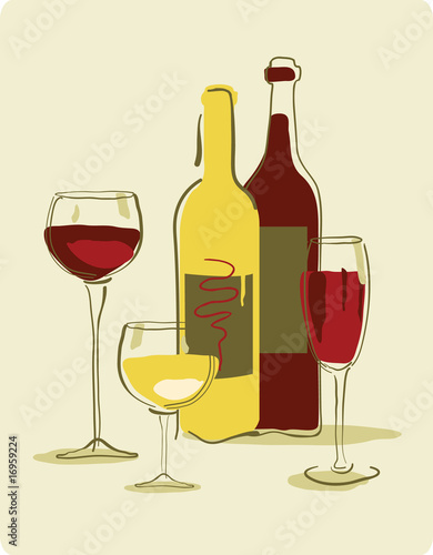 Different wine bottles and glass of wine
