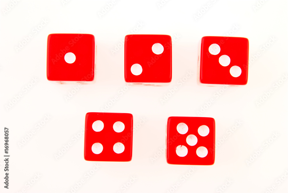 Five dice on a white background Five dice on a white background