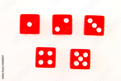 Five dice on a white background