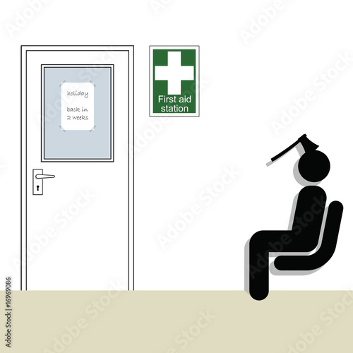 First aid station and patient waiting for treatment