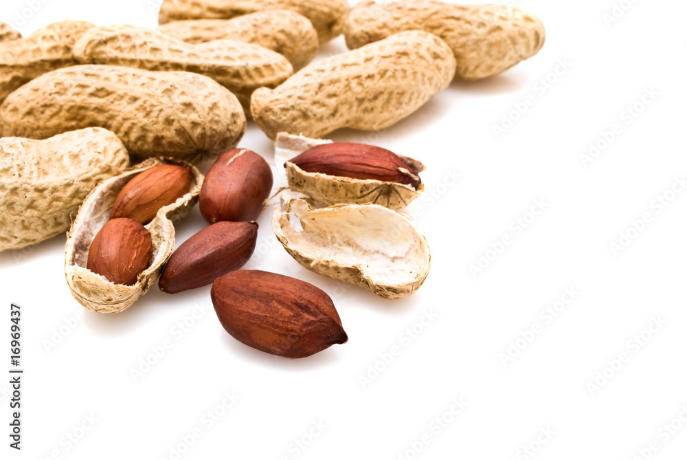 close-up of group peanuts on white background close-up of group peanuts on white background