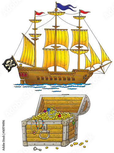 Pirate ship and treasures c...