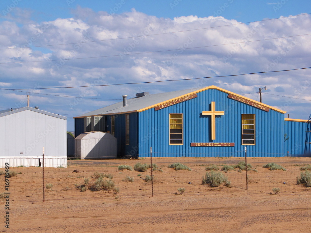 blue chapel in a navajo village
