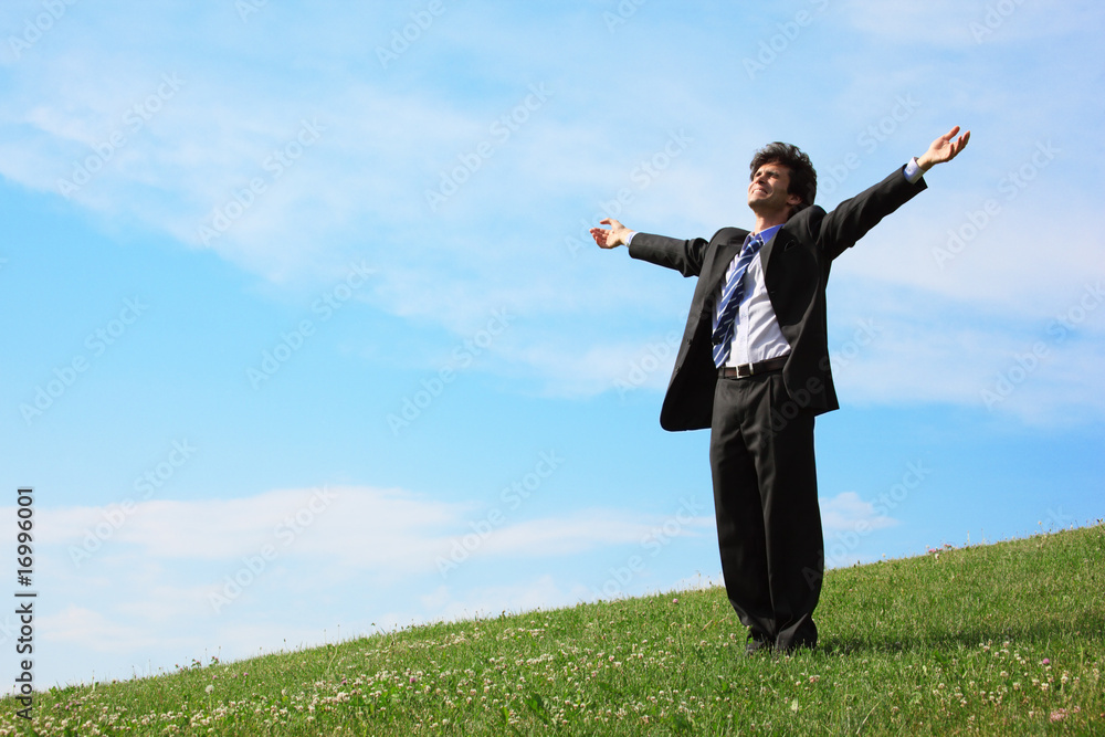 businessman standing with spreading hands on the meadow businessman standing with spreading hands on the meadow