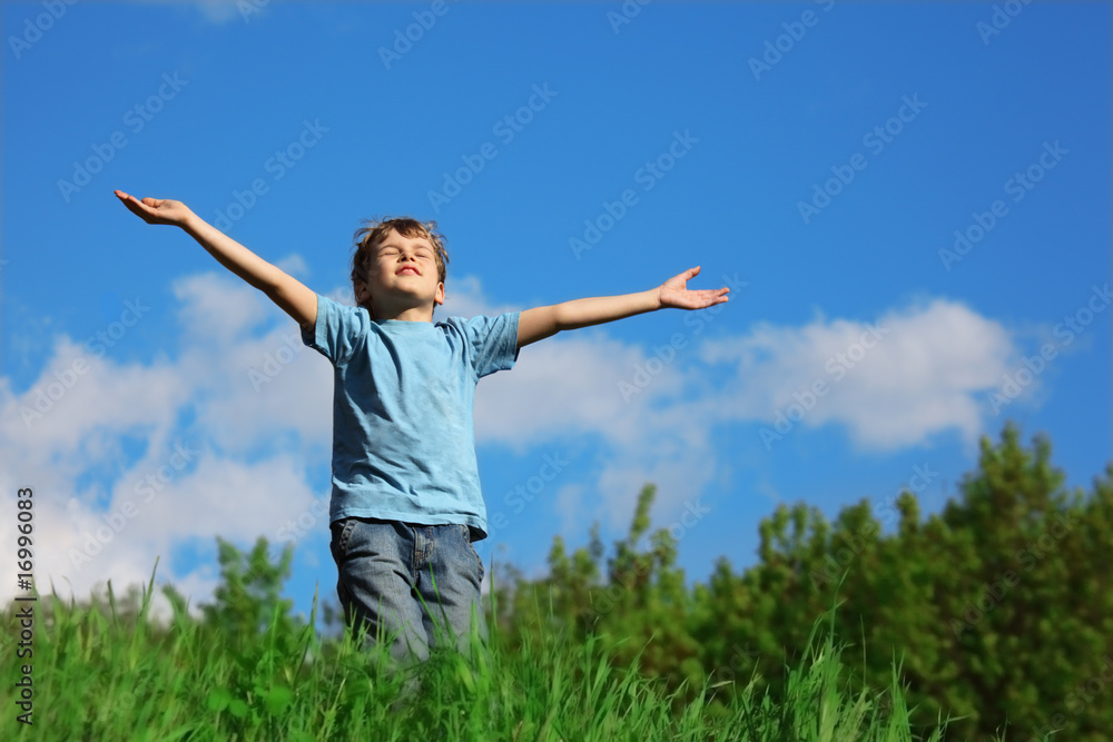 boy standing with spreading hands on the field against the sky boy standing with spreading hands on the field against the sky