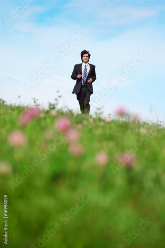 Businessman walking on the meadow