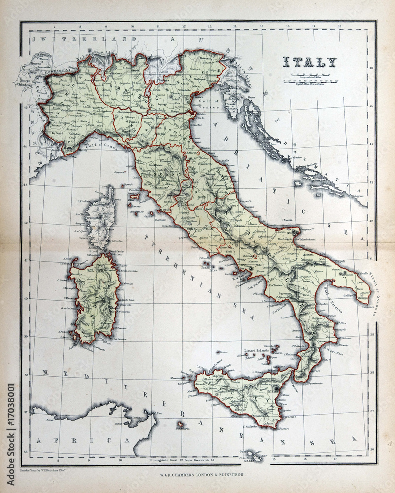 Old map of Italy, 1870