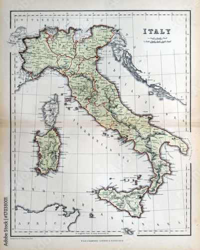 Fotografie, Obraz Old map of Italy, 1870