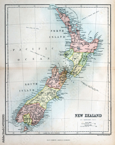 Fotografie, Obraz Old map of New Zealand, 1870