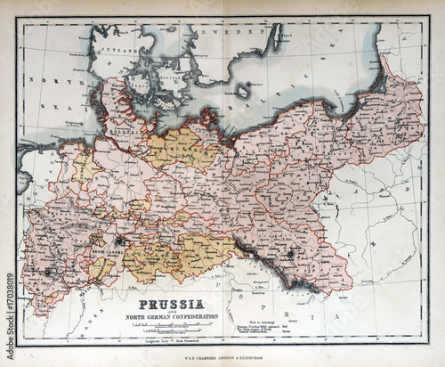 Tableau sur toile Old map of Prussia, Germany, 1870