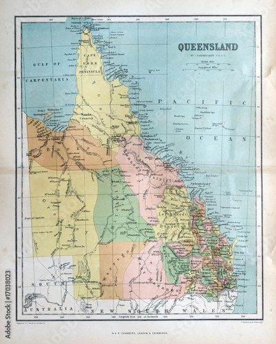Old map of Queensland, Australia, 1870