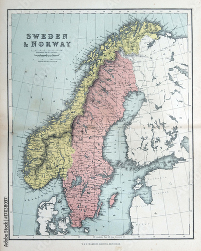 Fotografie, Obraz Old map of Sweden & Norway, 1870